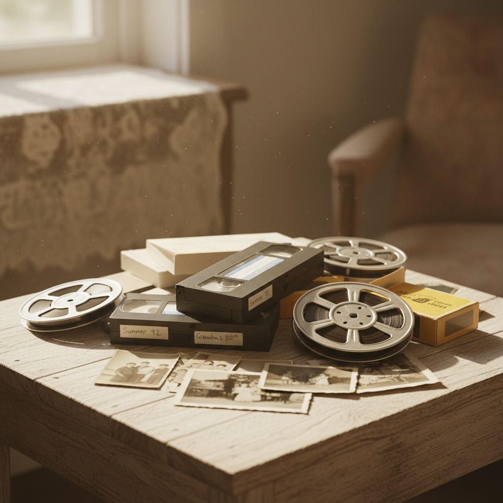 Collection of VHS tapes, film reels, and vintage family photographs on a table