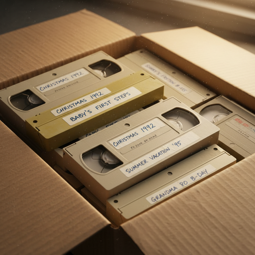 Box of old VHS tapes with handwritten family labels