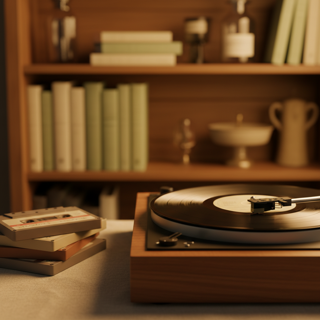 Vinyl record on turntable with cassette tapes